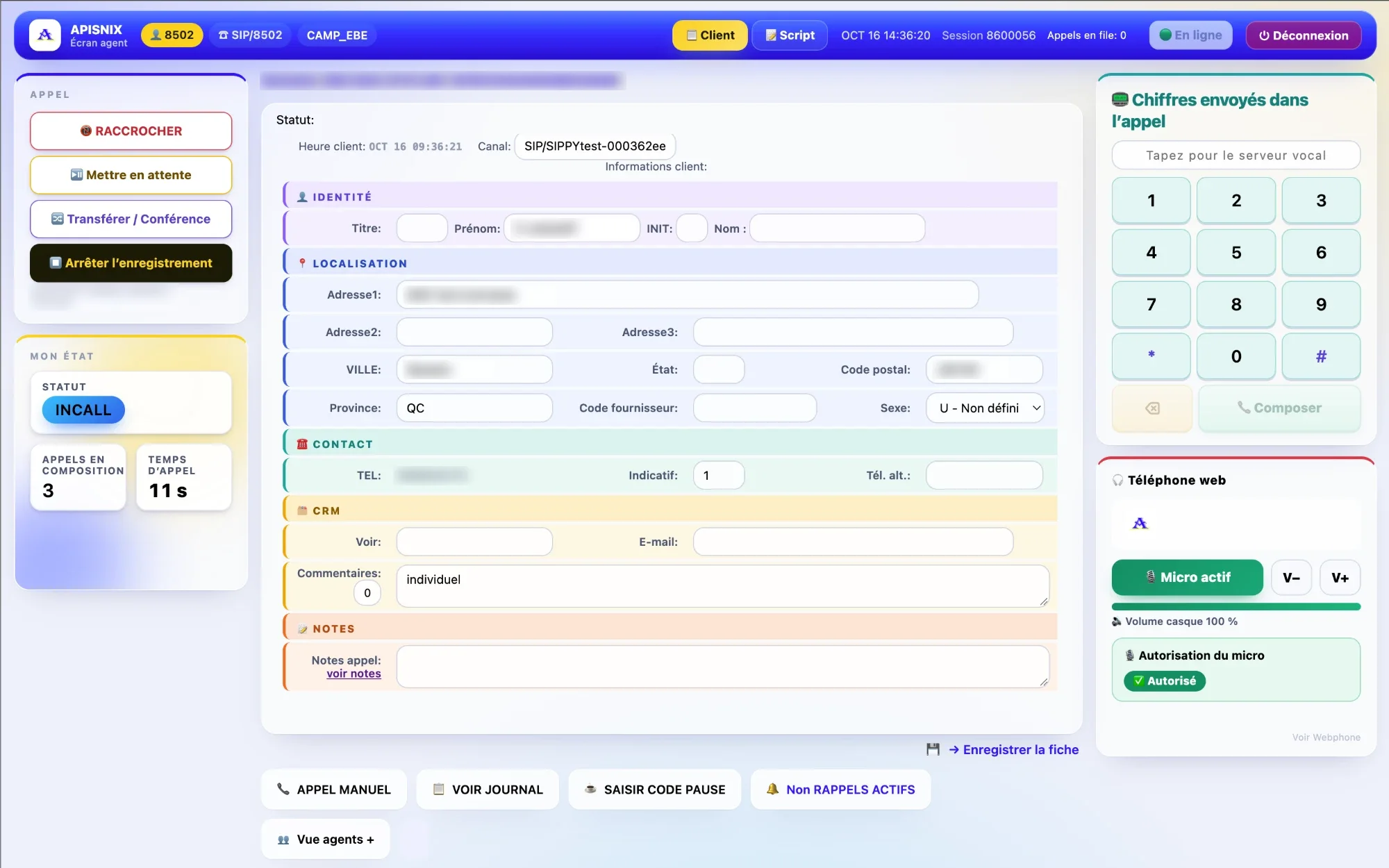 Écran agent APISNIX en appel : fiche client, commandes d’appel et téléphone intégré (coordonnées floutées)