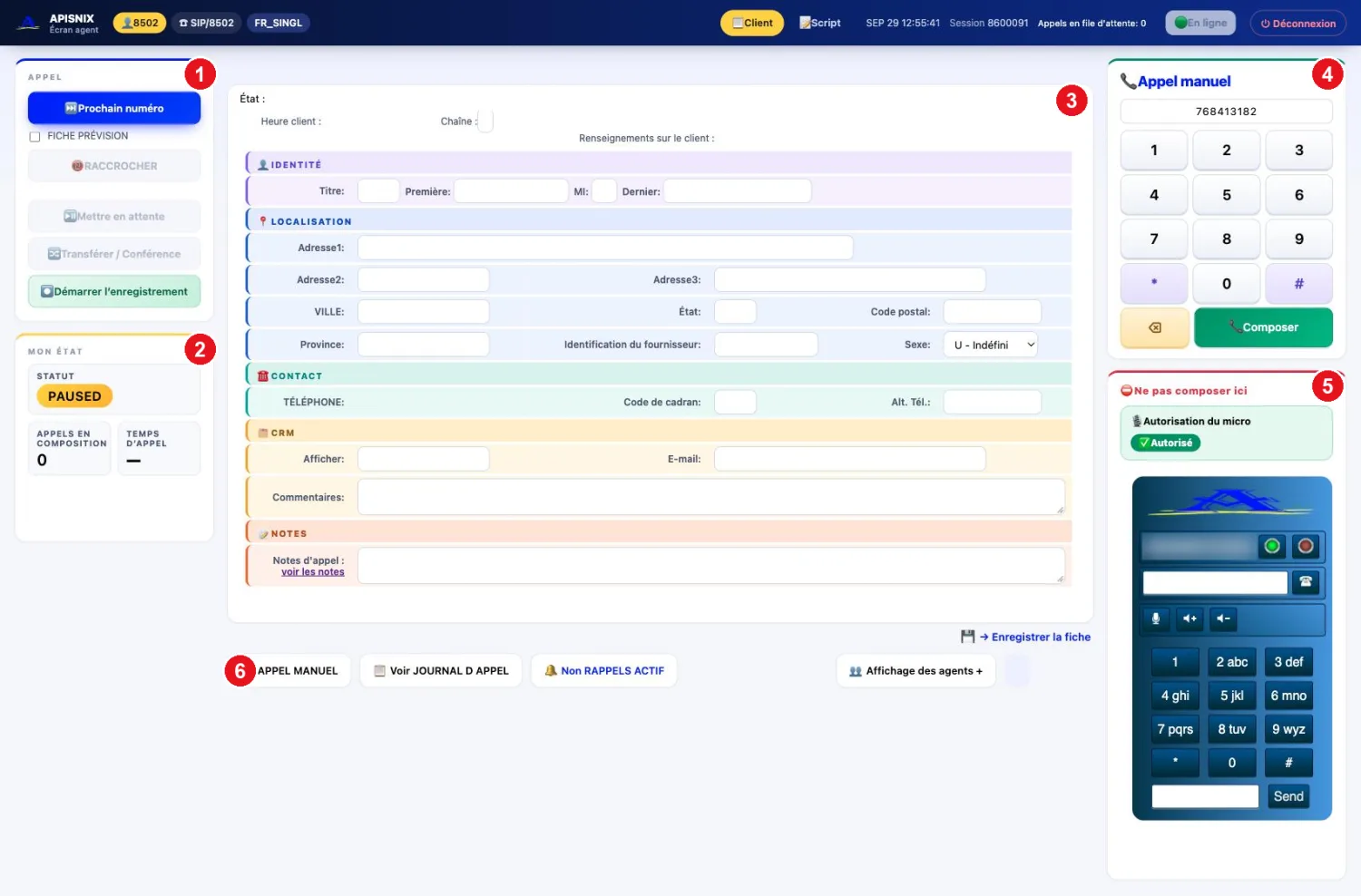 Écran agent APISNIX : fiche client, appel manuel et téléphone intégré