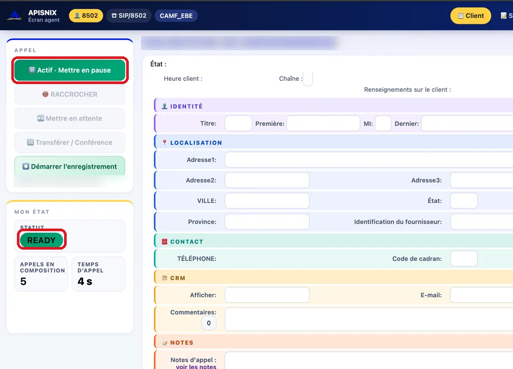 Écran agent en appels automatiques : statut prêt et appels en composition